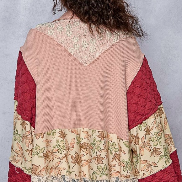 P59. NEW POL Quilted Lace Jacket Floral Pearls Balloon Sleeve Relaxed Fit Mauve - Picture 3 of 9